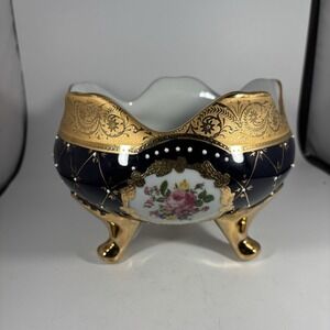 Limoge‎ Design Cobalt Blue Hand Painted Porcelain Decorative Footed Bowl
